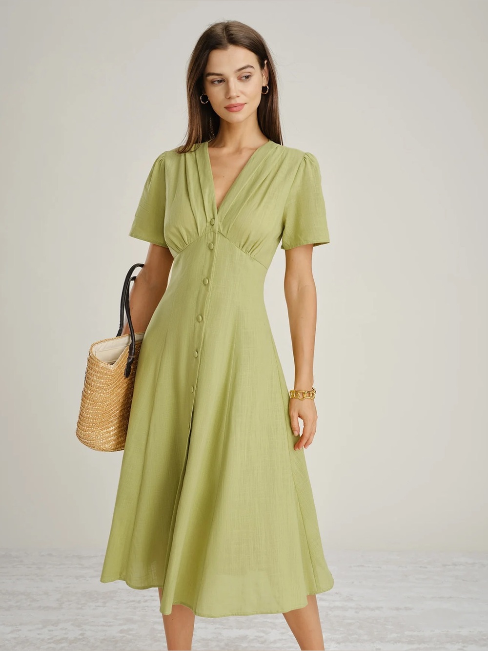 Rihoas Green V Neck Button A-Line Midi Dress